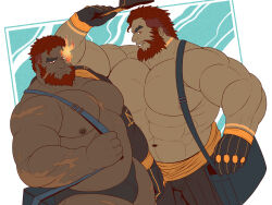  2boys abs absurdres bag bara belt biceps blue_background bulge dark_skin feet_out_of_frame flaming_eye gloves hat hephaestus_(housamo) highres huge_pectorals male_focus male_swimwear manly mature_male multiple_boys muscular muscular_male nipples pants pectorals plump red_eyes red_hair scar short_hair simple_background spiked_hair swim_briefs talos_(housamo) thick_arms thick_eyebrows thick_thighs thighs tokyo_houkago_summoners topi_(topi5356) topless_male undercut white_background 