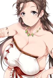  1girl breasts brown_hair bursting_breasts cleavage deep_skin facial_mark fate_(series) female_focus forehead_mark from_above grey_eyes himiko_(fate) huge_breasts magatama magatama_necklace necklace skindentation smile solo tsukasawa_takamatsu white_background 