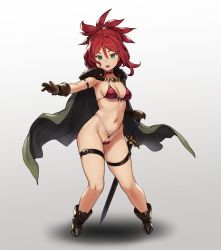 1girl armor bikini bikini_armor boots breasts brown_footwear brown_gloves cape choker cleavage cleft_of_venus collarbone full_body fur_trim gloves gradient_background green_eyes highres houtengeki long_hair looking_at_viewer medium_breasts navel open_mouth original pussy pussy_peek red_hair revealing_clothes simple_background solo stomach swimsuit sword thigh_strap weapon rating:Explicit score:38 user:danbooru