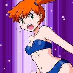 1girl bare_arms bare_shoulders bikini blue_bikini breasts collarbone covered_erect_nipples creatures_(company) face female_focus game_freak gomatarou_(pixiv196136) green_eyes gym_leader looking_at_viewer lowres misty_(pokemon) navel neck nintendo open_mouth orange_hair pokemon pokemon_(anime) pokemon_frlg pokemon_rgby purple_background round_teeth serious short_hair shouting side_ponytail small_breasts solo strapless strapless_bikini swimsuit teeth rating:Questionable score:47 user:Perv-Ultra