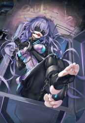  1girl absurdres ball_gag blindfold blush bodysuit breasts choujigen_game_neptune covered_navel gag headgear highres impossible_bodysuit impossible_clothes latex long_hair looking_at_viewer medium_breasts neon_trim neptune_(series) next_purple purple_bodysuit purple_hair purple_heart_(neptunia) restrained sitting skin_tight solo symbol-shaped_pupils xun_li_eins 