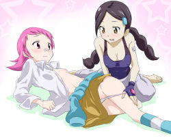  +_+ 2girls bad_id bad_pixiv_id bandaid barefoot black_hair blush braid breasts brown_eyes candice_(pokemon) candice_(pokemon)_(cosplay) cleavage clothes_around_waist cosplay costume_switch covered_erect_nipples creatures_(company) dress_shirt feet fingerless_gloves flat_chest game_freak gloves gym_leader hair_ornament hairclip large_breasts long_hair maylene_(pokemon) maylene_(pokemon)_(cosplay) multiple_girls nintendo nipples no_bra open_clothes open_mouth open_shirt panties panty_pull pink_eyes pink_hair pokemon pokemon_dppt pussy pussy_peek shirt short_hair socks star_(symbol) striped_clothes striped_legwear striped_socks sweater sweater_around_waist toru_k twin_braids underwear yuri  rating:Explicit score:158 user:danbooru