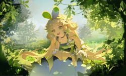  absurdres blonde_hair choker cloud fingerless_gloves flower foliage gloves gold_trim grass green_eyes hair_flower hair_ornament hairband highres kneeling leleyoukuailele looking_ahead multicolored_hair ribbon strapless sunlight tree tube_top twintails verina_(wuthering_waves) wuthering_waves 
