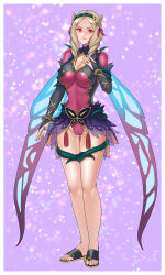  1girl absurdres alternate_costume blonde_hair breasts bridal_gauntlets cleavage commentary_request commission corruption cosplay covered_navel drill_hair emmeryn_(fire_emblem) facial_mark fairy_wings fake_wings fire_emblem fire_emblem_awakening fire_emblem_heroes forehead_mark full_body green_eyes hair_ornament hazuki_(nyorosuke) highres large_breasts leotard long_hair looking_at_viewer mind_control nintendo pink_leotard plumeria_(fire_emblem) plumeria_(fire_emblem)_(cosplay) sandals skeb_commission solo wings 