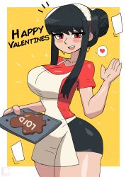  1girl absurdres apron black_hair black_shorts blush breasts chocolate collarbone earrings food hair_bun hair_net hairband heart highres holding jewelry large_breasts looking_at_viewer open_mouth red_eyes red_shirt shirt short_sleeves shorts sidelocks smile sparkle speech_bubble spoken_heart spy_x_family standing teeth thick_thighs thighs tony_welt tray valentine waving white_apron wide_hips yellow_background yor_briar 