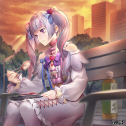  1girl bags_under_eyes bench blue_bow blue_hair blue_nails blunt_bangs blunt_sidelocks bottle bow bowtie brooch building buttons candy center_frills chopsticks clothing_cutout cloud collar copyright_name cross-laced_clothes curly_hair dairoku_ryouhei dress dusk earrings eating empty_eyes feet_out_of_frame fish_(food) food food-themed_clothes food-themed_earrings food_themed_earrings frilled_dress frilled_sleeves frills hair_bow hair_ornament heart heart_brooch heart_hair_ornament holding holding_chopsticks jewelry knees_together_feet_apart lonely long_sleeves multicolored_hair multicolored_nails nail_polish nigirizushi orange_nails outdoors pantyhose park_bench parted_lips pink_collar pink_hair pink_nails puffy_long_sleeves puffy_sleeves purple_bow purple_bowtie purple_eyes rabbit_ornament shoulder_cutout solo spiked_collar spikes strawberry_earrings streaked_hair stud_earrings sushi tanaka_(tw) tochigi_saline tree twintails unhappy white_dress white_pantyhose wrapped_candy yume_kawaii 