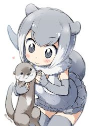  10s 1girl :&gt; animal_ears artist_name blush commentary_request elbow_gloves fingerless_gloves fur_collar gloves grey_eyes grey_gloves grey_hair grey_one-piece_swimsuit grey_thighhighs heart kemono_friends multicolored_hair one-piece_swimsuit otter otter_ears otter_tail risumai short_hair simple_background small-clawed_otter_(kemono_friends) smile solo swimsuit tail thighhighs twitter_username two-tone_hair white_background white_hair  rating:Sensitive score:8 user:danbooru