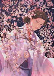  1girl black_background brown_hair cherry_blossoms geisha hair_bun highres japanese_clothes kalouriis kimono miyokichi miyokichi_(rakugo) pink_kimono shouwa_genroku_rakugo_shinjuu  rating:General score:1 user:AnnaDasha