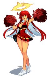  1girl absurdres breasts cheerleader full_body green_eyes guilty_gear guilty_gear_strive hair_between_eyes halo highres holding holding_pom_poms jack-o&#039;_valentine large_breasts long_hair looking_at_viewer multicolored_hair open_mouth pom_pom_(cheerleading) pom_poms red_hair shoes simple_background skirt smgold smile solo spiked_halo standing two-tone_hair white_background white_hair  rating:Sensitive score:5 user:danbooru