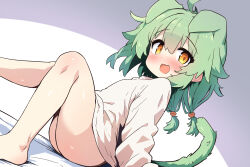  1girl :d ahoge animal_ears bare_legs blush bottomless cat_ears cat_tail dot_nose dutch_angle eyelashes fang floppy_ears green_hair highres legs loli long_sleeves looking_at_viewer low_twintails messy_hair naked_shirt open_mouth orange_eyes original shirt shoboimu sitting smile solo tail twintails white_shirt 
