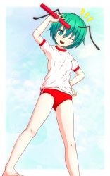  1girl alternate_costume antennae blush buruma commentary_request feet_out_of_frame female_focus flat_chest foot_out_of_frame green_eyes green_hair gym_uniform hair_between_eyes loli looking_at_viewer mofupaka notice_lines one_eye_closed open_mouth red_buruma relay_baton shirt short_hair short_sleeves smile solo touhou white_shirt wriggle_day wriggle_nightbug 