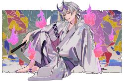  1boy barefoot bishounen blue_hair blue_horns demon_boy earrings fingernails grey_hair hand_fan hand_on_own_knee highres holding holding_fan horns japanese_clothes jewelry keiko_(um7mr1) kimono looking_to_the_side male_focus multicolored_background multicolored_hair original outside_border sharp_fingernails sharp_toenails short_hair_with_long_locks single_earring smile solo_focus streaked_hair toenails very_long_fingernails will-o&#039;-the-wisp_(mythology) xiangyun 