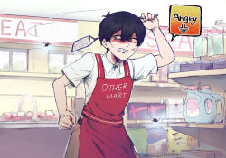  1boy anger_vein angry antenna_hair apron arm_up black_hair brown_eyes brown_pants bug buttons clenched_hand clenched_teeth clothes_writing collared_shirt english_text fly flyswatter hair_behind_ear hair_between_eyes holding indoors insect looking_at_animal magiaigam omori pants red_apron shaded_face shirt sign solo sunny_(omori) teeth v-shaped_eyebrows white_shirt window 