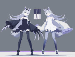  2girls 32zzz ahoge alternate_costume animal_ears bandage_over_one_eye bare_shoulders black_choker black_dress black_hairband black_sleeves black_thighhighs character_name choker claw_(weapon) closed_mouth cross-shaped_pupils detached_sleeves dress full_body gradient_legwear grey_eyes grey_hair grey_thighhighs hair_intakes hairband heterochromia highres long_hair looking_at_viewer mechanical_ears mismatched_pupils multiple_girls multiple_persona no.21:_feral_scent_(punishing:_gray_raven) no.21:_xxi_(punishing:_gray_raven) no.21_(punishing:_gray_raven) parted_lips punishing:_gray_raven short_dress sidelocks sleeves_past_fingers sleeves_past_wrists suspenders symbol-shaped_pupils tail thighhighs weapon white_choker white_dress white_sleeves wolf_ears wolf_tail 