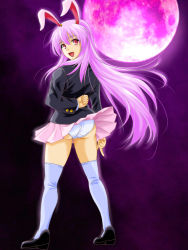  1girl animal_ears arm_behind_back ass blazer blush dress_shirt from_behind highres jacket kattsan_(ninjaform00) loafers long_hair looking_at_viewer looking_back miniskirt moon open_mouth panties pantyshot pleated_skirt pointing pointing_down purple_hair purple_moon rabbit_ears red_eyes reisen_udongein_inaba shirt shoes skirt smile solo standing thighhighs touhou underwear very_long_hair white_shirt white_thighhighs wind wind_lift 