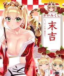  2girls absurdres ahoge animal_ears animal_print blonde_hair blush breasts calligraphy_brush chibi chopsticks cleavage commentary_request crown fate/extra fate/grand_order fate/grand_order_arcade fate_(series) green_eyes hair_intakes highres japanese_clothes kimono large_breasts looking_at_viewer multiple_girls nero_claudius_(bride)_(fate) nero_claudius_(fate) nero_claudius_(fate)_(all) nero_claudius_(fate/extra) nero_claudius_(swimsuit_caster)_(fate) omikuji open_mouth paintbrush pout queen_draco_(fate) red_eyes tail tiger_ears tiger_print tiger_tail translated yayoi_maka 