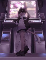 1girl 3yo4yo5yo animal_ears arcade arcade_cabinet backlighting beatmania beatmania_iidx black_hair cat_ears cat_tail coat female_focus from_behind furry furry_female highres looking_back open_mouth original playing_games short_shorts shorts solo tail twintails rating:General score:21 user:Dweenie
