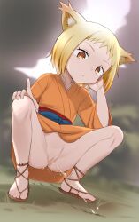  1girl animal_ear_fluff animal_ears blonde_hair blurry blurry_background bottomless cleft_of_venus closed_mouth commentary english_commentary flat_chest fox_ears fox_girl full_body gradient_hair highres japanese_clothes kimono loli looking_down multicolored_hair no_panties orange_eyes orange_hair orange_kimono outdoors pee peeing pestil pussy sandals sengoku_youko short_hair solo spread_legs squatting tama_youko toes uncensored  rating:Explicit score:247 user:danbooru