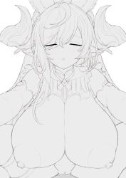  1boy 1girl animal_ears blush breasts cleavage closed_eyes cowgirl_position cream_cod galleon_(granblue_fantasy) granblue_fantasy greyscale hetero horns huge_breasts long_hair monochrome penis pointy_ears pov pussy sex sketch solo_focus straddling vaginal very_long_hair  rating:Explicit score:33 user:danbooru