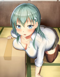 10s 1girl all_fours aqua_hair black_skirt blue_eyes blurry blush box breast_rest breasts brown_thighhighs buttons cardboard_box cleavage collarbone collared_shirt depth_of_field eyebrows frilled_skirt frills green_hair hair_between_eyes hair_ornament hairclip indoors kantai_collection large_breasts long_hair looking_at_viewer maku_ro miniskirt no_shoes on_floor pleated_skirt see-through shadow shirt skirt sleeves_rolled_up solo suzuya_(kancolle) sweat tatami thighhighs white_shirt rating:Sensitive score:46 user:danbooru