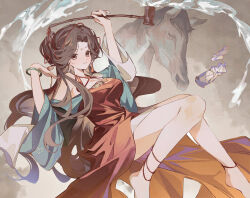  1girl alcohol bare_legs barefoot black_eyes black_hair bracelet breasts brown_background chinese_clothes dipper dress facial_mark feet_out_of_frame floating_hair forehead_mark green_sleeves hands_up hanfu highres holding holding_spoon horse jade_(gemstone) jewelry jiu_niangzi liquor long_dress long_hair looking_at_viewer lying medium_breasts off_shoulder on_back quanx70909457 red_dress reverse:1999 smile solo spilling spoon statuette wide_sleeves 