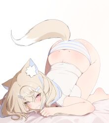  1girl :3 absurdres animal_ears ass blonde_hair breasts closed_mouth dog_ears dog_girl dog_tail fuwawa_abyssgard highres holoadvent hololive hololive_english large_breasts long_hair looking_at_viewer panties pink_eyes prab shirt simple_background smile solo striped_clothes striped_panties tail top-down_bottom-up underwear virtual_youtuber white_background white_shirt  rating:Sensitive score:101 user:danbooru
