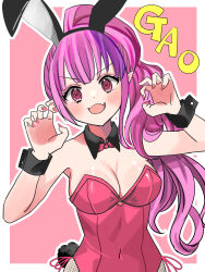  1girl alternate_costume animal_ears atto_silia black_wrist_cuffs blush breasts claw_pose cleavage fake_animal_ears fake_tail fang fishnet_pantyhose fishnets gao highres ironmouse large_breasts leotard long_hair looking_at_viewer multicolored_hair nail_polish open_mouth pantyhose pink_hair pink_leotard pink_nails pointy_ears purple_eyes rabbit_ears rabbit_tail skin_fang smile strapless strapless_leotard streaked_hair tail virtual_youtuber vshojo wrist_cuffs 