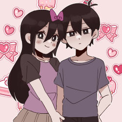  1boy 1girl aged_down andou_(sino_spkt) antenna_hair arm_at_side aubrey_(faraway)_(omori) aubrey_(omori) black_pants blue_shirt blush bow bow_sticker bright_pupils brown_eyes brown_hair brown_shirt brown_skirt child closed_mouth collarbone hair_behind_ear hair_between_eyes hair_bow hand_on_own_hip heart heart_stickers long_hair looking_at_viewer miniskirt omori outline pants pink_background pink_bow pink_shirt shirt short_hair short_sleeves skirt smile sunny_(omori) t-shirt two-tone_shirt upper_body white_outline white_pupils 