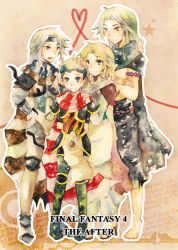  1990s_(style) 1girl 3boys age_difference armor blonde_hair blue_eyes brothers cape cecil_harvey ceodore_harvey family father_and_son final_fantasy final_fantasy_iv final_fantasy_iv:_the_after_years golbez headdress husband_and_wife kotatsuki long_hair mother_and_son multiple_boys pants purple_eyes robe rosa_farrell scarf short_hair siblings silver_hair uncle_and_nephew 