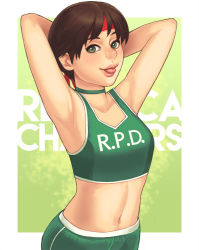 1girl :p alternate_costume armpits arms_behind_head arms_up bad_id bad_pixiv_id brown_hair character_name choker flat_chest green_eyes headband lips looking_at_viewer maou_alba midriff navel rebecca_chambers resident_evil resident_evil_0 resident_evil_2 short_hair solo sportswear stomach tank_top tongue tongue_out upper_body rating:Sensitive score:60 user:dmysta3000