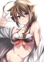 10s 1girl adapted_costume ahoge bare_shoulders bikini blue_eyes blush braid breasts brown_hair cleavage closed_mouth collarbone hair_flaps hair_ornament hair_over_shoulder hairpin kantai_collection large_breasts long_hair looking_at_viewer navel off_shoulder open_clothes open_shirt shigure_(kancolle) shigure_kai_ni_(kancolle) shirt simple_background single_braid smile solo spread_fingers stomach swimsuit tai_(nazutai) underboob upper_body waving white_background white_shirt  rating:Questionable score:20 user:Deusexcalamus