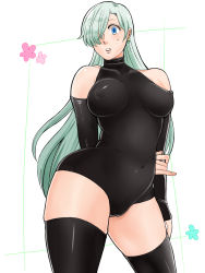  10s 1girl aqua_hair bad_id bad_pixiv_id bare_shoulders black_thighhighs blue_eyes breasts cameltoe covered_erect_nipples detached_sleeves earrings elizabeth_liones female_focus hair_over_one_eye highres jewelry kotarou_(kbsskk) kotarou_(pixiv12676930) koutarou_(kbsskk) large_breasts leotard long_hair nanatsu_no_taizai open_mouth plump simple_background solo standing thighhighs white_background wide_hips 