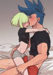 2boys androgynous asymmetrical_hair aus_vaka black_shirt blue_eyes blue_hair blush bulge galo_thymos green_hair grey_male_underwear hand_on_another&#039;s_ass hand_on_another&#039;s_leg highres licking licking_another&#039;s_face lio_fotia male_focus male_underwear mohawk multiple_boys open_mouth promare red_male_underwear shirt short_hair sidecut sidelocks sitting size_difference spiked_hair straddling sweat undercut underwear yaoi rating:Questionable score:125 user:danbooru