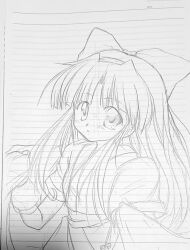 1girl ainu_clothes fingerless_gloves gloves hair_ribbon highres long_hair looking_at_viewer monochrome nakoruru parted_lips ribbon samurai_spirits sketch snk solo the_king_of_fighters traditional_media
