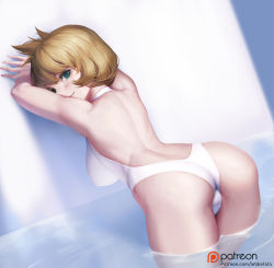 1girl absurdres ass backboob backless_outfit bare_back bent_over blonde_hair blush breasts cameltoe creatures_(company) game_freak green_eyes gym_leader highres large_breasts letdie1414 looking_at_viewer looking_back misty_(pokemon) nintendo one-piece_swimsuit partially_submerged patreon_username pokemon pokemon_hgss pool seductive_smile short_hair smile solo swimsuit water watermark web_address rating:Questionable score:54 user:fucktacular