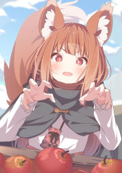  1girl :d animal_ear_fluff animal_ears apple blue_sky blurry blurry_background blush brown_hair capelet claw_pose cloud commentary_request daidai_ookami day depth_of_field fangs food fruit grey_capelet hands_up highres holo long_sleeves looking_at_viewer open_mouth outdoors puffy_long_sleeves puffy_sleeves red_apple red_eyes shirt sky smile solo spice_and_wolf tail upper_body white_shirt wolf_ears wolf_girl wolf_tail 