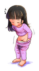  1girl barefoot bedwetting blush brown_hair cleft_of_venus closed_eyes closed_mouth clothes_pull feet female_focus full_body highres japanese_text loli long_sleeves medium_hair motion_lines original paid_reward_available pajamas pajamas_pull panties pants pants_pull panty_pull pee pee_stain polka_dot polka_dot_pajamas pussy simple_background solo standing toes uncensored underwear undressing white_background white_panties youseisan255 