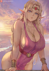 1girl armlet bare_shoulders belt blonde_hair blue_eyes breasts circlet cleavage cloud cloudy_sky collarbone commentary covered_navel cowboy_shot highres jewelry large_breasts long_hair looking_at_viewer necklace nintendo no_panties outdoors parted_lips pointy_ears princess_zelda shexyo sky solo the_legend_of_zelda watermark web_address rating:Sensitive score:356 user:danbooru