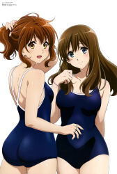  2girls :d absurdres ass back bare_legs bare_shoulders blue_eyes blue_one-piece_swimsuit blush breasts brown_hair closed_mouth collarbone eyelashes fluffy_hair from_behind hair_between_eyes hair_tie hibike!_euphonium highres kadowaki_miku kuroe_mayu large_breasts long_hair looking_at_viewer looking_back magazine_scan medium_breasts medium_hair megami_magazine multiple_girls official_art one-piece_swimsuit open_mouth orange_eyes oumae_kumiko ponytail scan school_swimsuit simple_background smile spaghetti_strap swimsuit thighs white_background 
