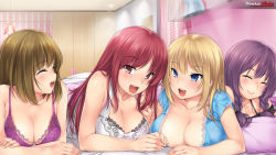 4girls :d ^_^ bare_arms bare_shoulders bed bed_sheet black_dress blanket blonde_hair blue_dress blue_eyes blush bow bra braid breast_press breasts brown_hair charlotte_(negligee) cleavage closed_eyes collarbone cupboard curtains dress eyebrows front_braid hannah_(negligee) indoors jasmin_(negligee) kopianget lace lace-trimmed_bra lace-trimmed_dress lace_trim large_breasts long_hair looking_at_viewer lying multiple_girls negligee_(game) off-shoulder_dress off_shoulder on_bed on_stomach open_mouth pillow purple_bra purple_hair red_eyes red_hair room short_braid short_sleeves sleepover smile sophie_(negligee) strap_gap tsurime twin_braids underwear upper_body white_bow rating:Sensitive score:48 user:danbooru