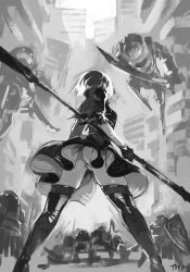  1girl black_dress black_hairband boots dress feather-trimmed_sleeves fighting_stance gloves greyscale hairband highres holding holding_sword holding_weapon incoming_attack juliet_sleeves legs leotard leotard_peek leotard_under_clothes long_sleeves monochrome narrow_waist nier:automata nier_(series) optionaltypo panties puffy_sleeves robot silver_hair skindentation solo square_enix standing sword thighhighs thighhighs_under_boots thighs underwear upskirt view_between_legs weapon 2b_(nier:automata)  rating:Sensitive score:75 user:hentagram
