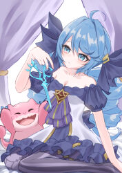 1girl absurdres ahoge bare_shoulders blue_hair breasts collarbone curtains dress drill_hair frilled_dress frills gwen_(league_of_legends) hair_ribbon highres league_of_legends long_hair looking_at_hand momikodayo ribbon scissors small_breasts strapless striped_clothes striped_thighhighs thighhighs twin_drills rating:Sensitive score:3 user:danbooru