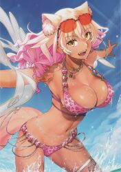  1girl absurdres animal_ear_fluff animal_ears armpits bikini blonde_hair blue_sky bracelet breasts brown_eyes cleavage cloud cloudy_sky day eyewear_on_head fangs fate/grand_order fate/grand_order_arcade fate_(series) fingernails highres jewelry large_breasts long_hair looking_at_viewer multicolored_hair nail_polish navel necklace open_mouth outdoors outstretched_arms pink_hair scan shiny_skin sky smile solo spread_arms stomach sunglasses suzuka_gozen_(fate) suzuka_gozen_(swimsuit_rider)_(fate) swimsuit tail takenoko_seijin tan teeth thigh_strap thighs water water_drop wet  rating:Sensitive score:21 user:danbooru