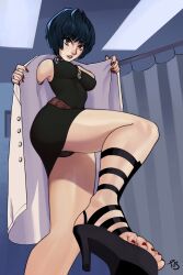  1girl absurdres black_hair blue_hair breasts brown_eyes choker feet foot_focus highres jewelry lab_coat leg_lift medium_breasts minidress nail_polish necklace parted_lips persona persona_5 red_nails short_hair solo takemi_tae tobiart  rating:Explicit score:56 user:engermen