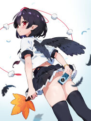  1girl ai-assisted ass black_hair black_skirt black_thighhighs black_wings camera chikuzen1996 collared_shirt covering_ass covering_privates crop_top falling_feathers feathered_wings feathers frilled_skirt frills from_below gold_bracelet gradient_background hair_intakes hat highres holding holding_camera holding_leaf leaf light_blush looking_at_viewer looking_back no_panties pleated_skirt pointy_ears pom_pom_(clothes) red_eyes red_hat shameimaru_aya shirt short_hair short_sleeves sidelocks simple_background skirt smile thighhighs tokin_hat touhou white_shirt wings 