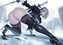  1girl 2b_(nier:automata) ass black_gloves black_hairband blindfold blue_eyes boots feather-trimmed_sleeves feather_trim gloves hairband high_heels nier:automata nier_(series) no_blindfold paid_reward_available puffy_sleeves sade_abyss short_hair smile solo sword thighhighs thighhighs_under_boots virtuous_contract virtuous_treaty weapon white_hair 