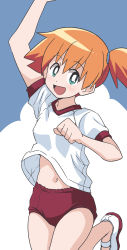  1girl arm_up blue_eyes bright_pupils buruma clenched_hand clothes_lift commentary creatures_(company) game_freak gym_shirt gym_uniform hair_tie highres looking_at_viewer midriff_peek misty_(pokemon) navel nintendo one_side_up open_mouth orange_hair pokemon pokemon_(anime) ponzu_rui red_buruma shirt shirt_lift shoes short_hair short_sleeves side_ponytail smile solo standing t-shirt uwabaki white_footwear white_pupils white_shirt  rating:Sensitive score:18 user:danbooru