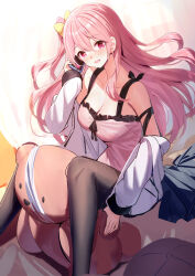  1girl black_pantyhose bow breasts cellphone cleavage emily_stock floating_hair hair_between_eyes hair_bow highres holding holding_phone large_breasts long_hair long_sleeves looking_at_viewer off_shoulder one_side_up open_clothes open_mouth original pantyhose phone pink_eyes pink_hair ririko_(zhuoyandesailaer) sitting smartphone smile solo yellow_bow 