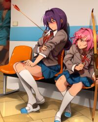  3girls absurdres arrow_(projectile) arrow_in_body blood bow brown_hair commentary doki_doki_literature_club english_commentary father_shot_by_son_(meme) grey_jacket hair_bow hair_ornament highres jacket khyle. long_hair meme miniskirt multiple_girls natsuki_(doki_doki_literature_club) open_mouth pink_hair purple_hair red_bow ribbon running sayori_(doki_doki_literature_club) school_uniform shirt short_hair sitting skirt yuri_(doki_doki_literature_club)  rating:Sensitive score:65 user:danbooru