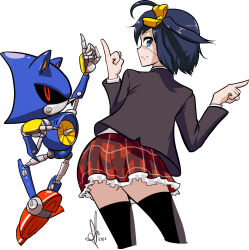  1boy 1girl arm_up ass black_hair blazer blue_eyes checkered_clothes checkered_skirt chuunibyou_demo_koi_ga_shitai! commentary cowboy_shot dated from_behind full_body hair_ribbon hand_up hedgehog_ears highres index_finger_raised jacket jet_engine long_sleeves looking_at_viewer looking_back metal_sonic pointing pointing_to_the_side pointing_up red_eyes ribbon robot short_hair side_ponytail signature simple_background skirt smile sonic_(series) takanashi_rikka thighhighs triple-q white_background yellow_ribbon 